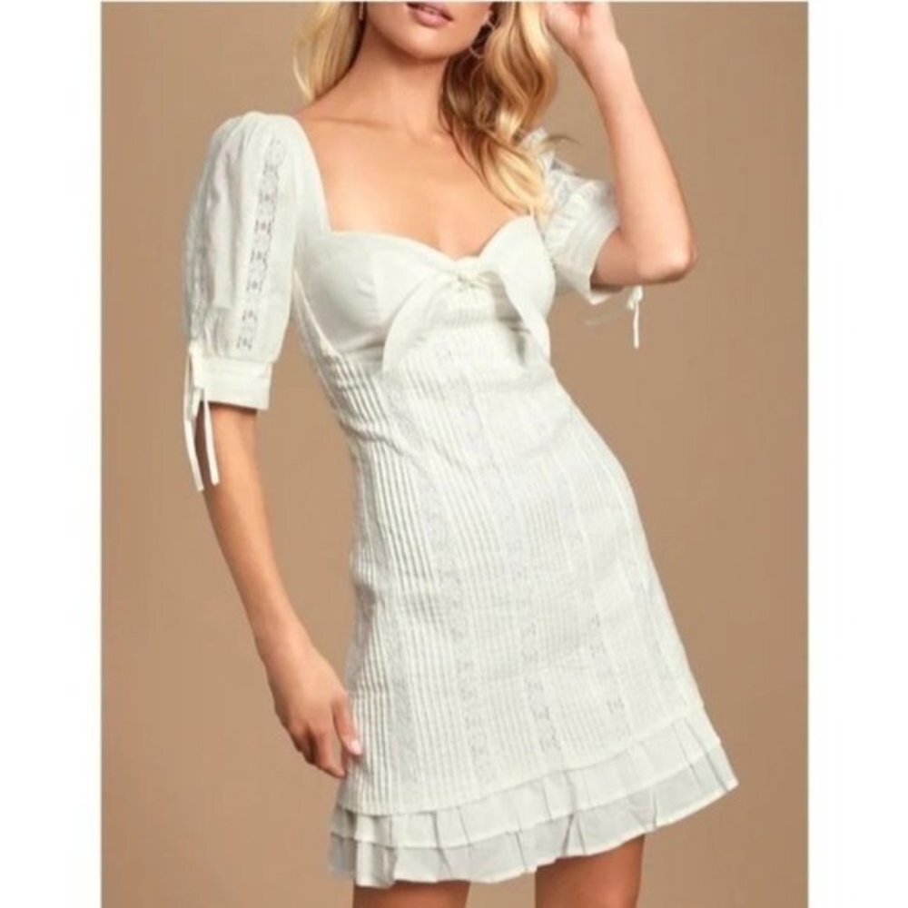 Lulu's Ryleigh White Tie-Front Pleated Lace dress Size XL